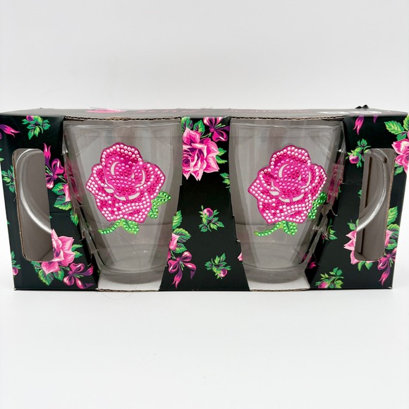 Betsey Johnson Coffee Mugs Set of 2 Rose Floral Rhinestone Embellished - Picture 1 of 5
